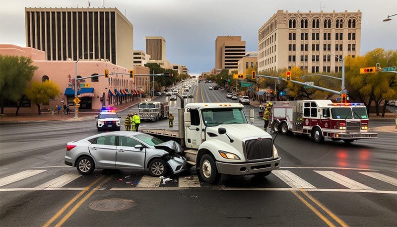 Photo of an Albuquerque, NM intersection where a medium-sized truck and a car had a gentle accident. The setting is characterized by traffic lights, city buildings, and a bustling urban environment. Additionally, a couple of first responder vehicles are present at the scene, with personnel attending to the situation.