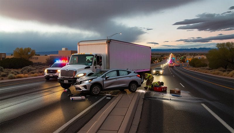 Photo of a minor accident involving a delivery truck and a car on the side of a road in Albuquerque, NM during dusk. The position of the vehicles implies the delivery truck driver might be at fault. A couple of first responder vehicles are present, assisting with the situation.