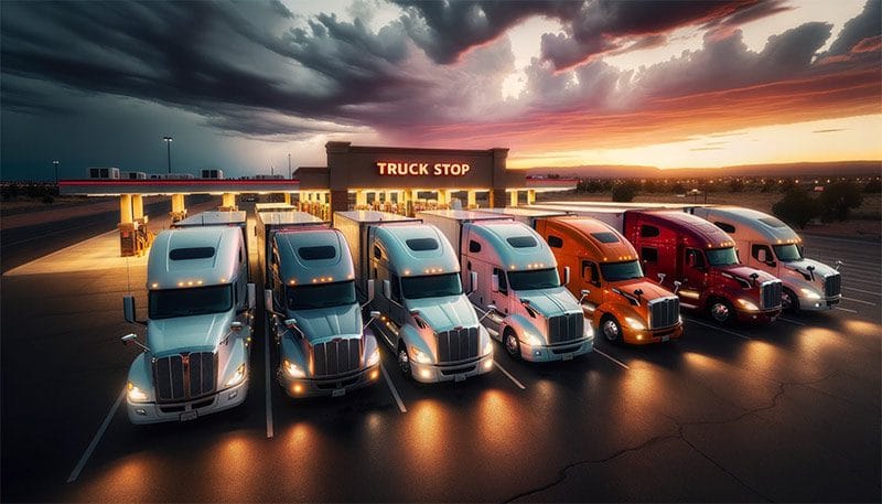 Photo taken in Albuquerque, NM, showcasing 7 pristine semi trucks of various colors in the foreground, their surfaces gleaming in the dimming light of dusk. Behind them, a truck stop filling area stands, providing a clear context. The setting sun's rays add a warm glow to both the trucks and the truck stop.