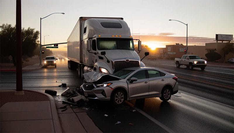 Photo capturing the early morning light in Albuquerque, NM, where a large truck and a car had a slight mishap. The positioning of the vehicles hints at the truck being responsible, and the rising sun casts a soft glow over the scene.
