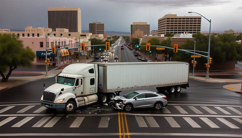 Photo capturing a scene in Albuquerque, NM where a large truck and a car are positioned to highlight the significant size difference. Even though the accident is minor, the potential danger is palpable. The urban intersection setting, complete with traffic lights and cityscape, adds context to the gravity of truck accidents in such environments.
