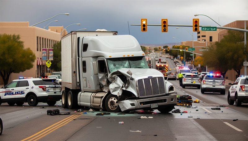 Photo depicting a semi-truck accident in Albuquerque, NM. The truck has heavy damage, and a number of first responder vehicles are present, indicating a serious incident