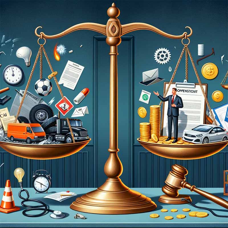 Illustration of a conceptual balance scale in a courtroom setting, with the left scale pan holding a variety of items associated with truck accidents, such as a broken headlight, a traffic cone, a medical report, and an employment badge. The right scale pan is overflowing with gold coins and legal documents, representing the various types of compensation available. In the background, there is a figure in a suit, symbolizing a lawyer, gesturing towards the scales, emphasizing the legal assistance available for truck accident claims. The overall tone is informative with a focus on the legal process following a truck accident.